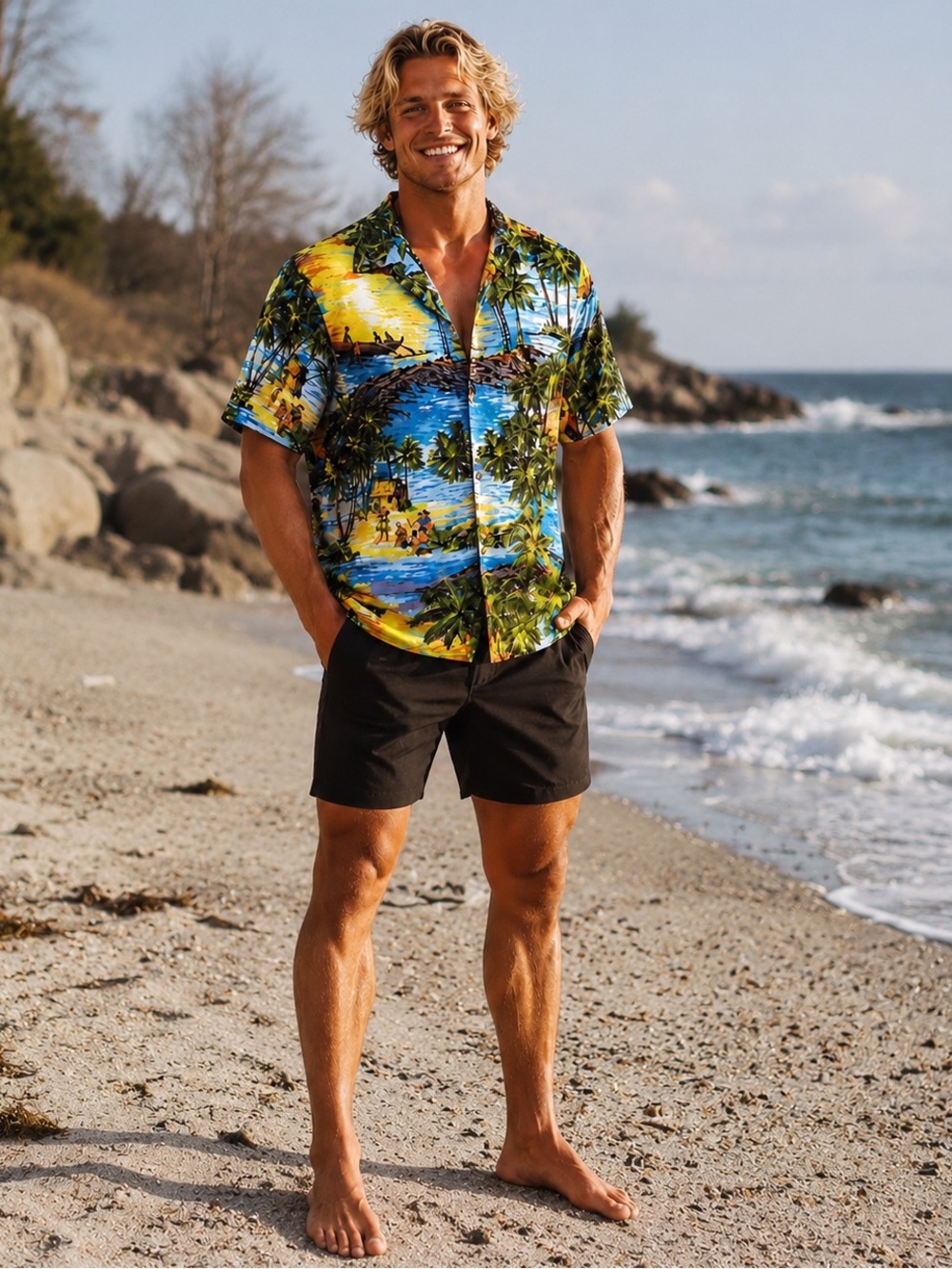 RJC Hawaii Men’s Large Tropical Hawaiian Shirt Sunset Beach Print Made in Hawaii